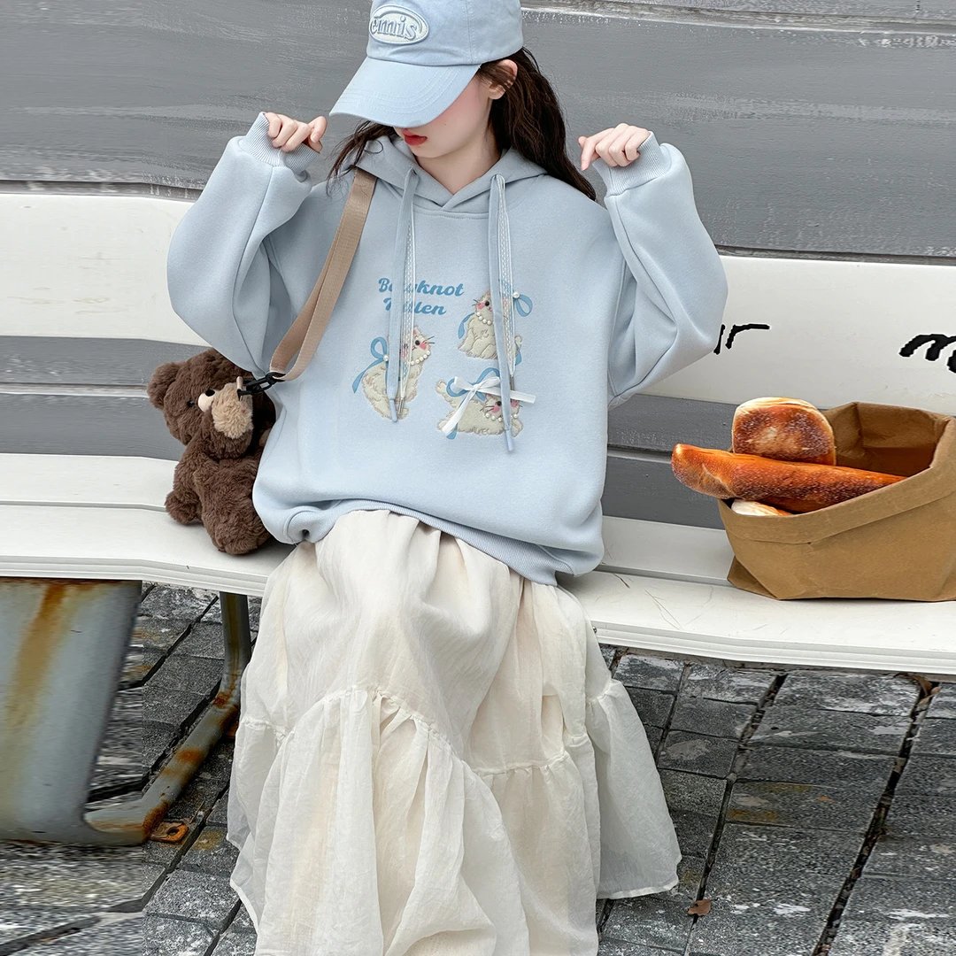 韩系女童秋冬款加绒卡通猫咪卫衣2025新款大童加厚保暖连帽上衣潮