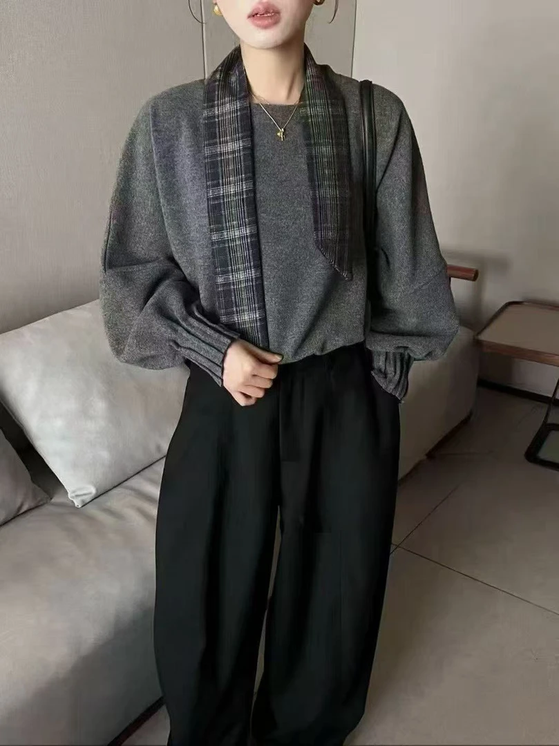 【现货飘带卫衣】韩系复古格纹飘带围脖圆领蝙蝠袖卫衣秋冬新款小众