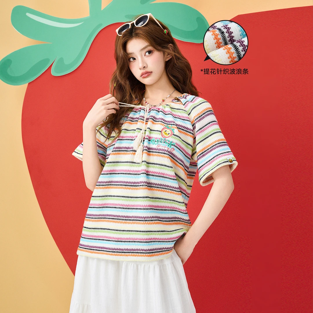 【卡乐佛idol】B.Duck小黄鸭2025春季新款领结肌理宽松绣章短袖