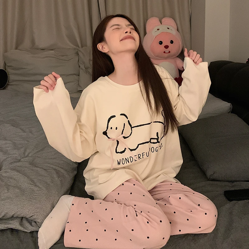 春季新款韩版拉架棉睡衣家居服套装圆领长袖卡通腊肠狗字母ins少