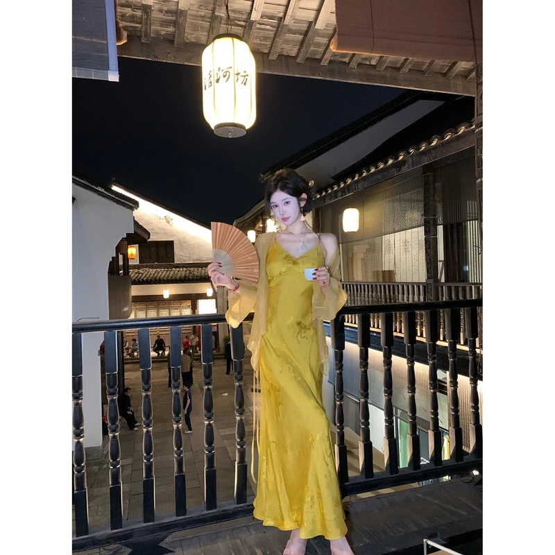 【雅乔定制】如烟 金黄色薄纱交叠式系绳外披开衫DYZY-24057216