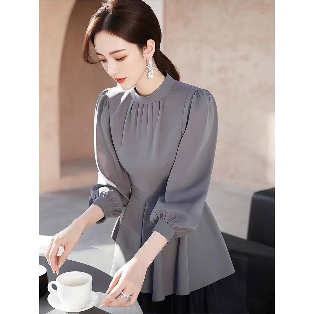 春季独特漂亮小众轻奢洋气冷淡系高级感通勤雪纺灰色收腰衬衫