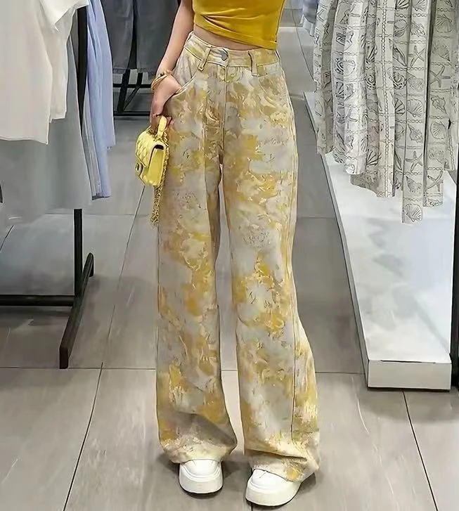 69958夏季阔腿裤复古宽松碎花扎染提花休闲直筒裤