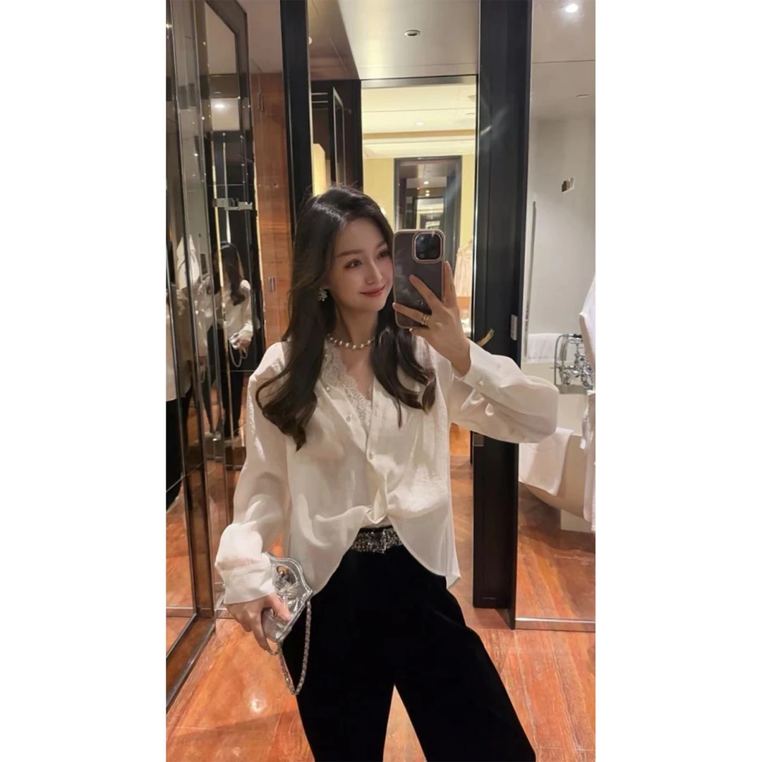 W·HAHA【现货】【浪漫出逃】蕾丝镂空扭结套头衬衫含内搭美背 60580