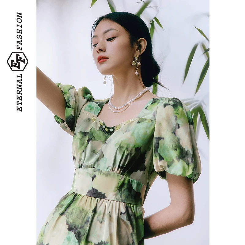 EF复古时尚方领连衣裙2025夏季油画浪漫印花中长裙女E1242L0047