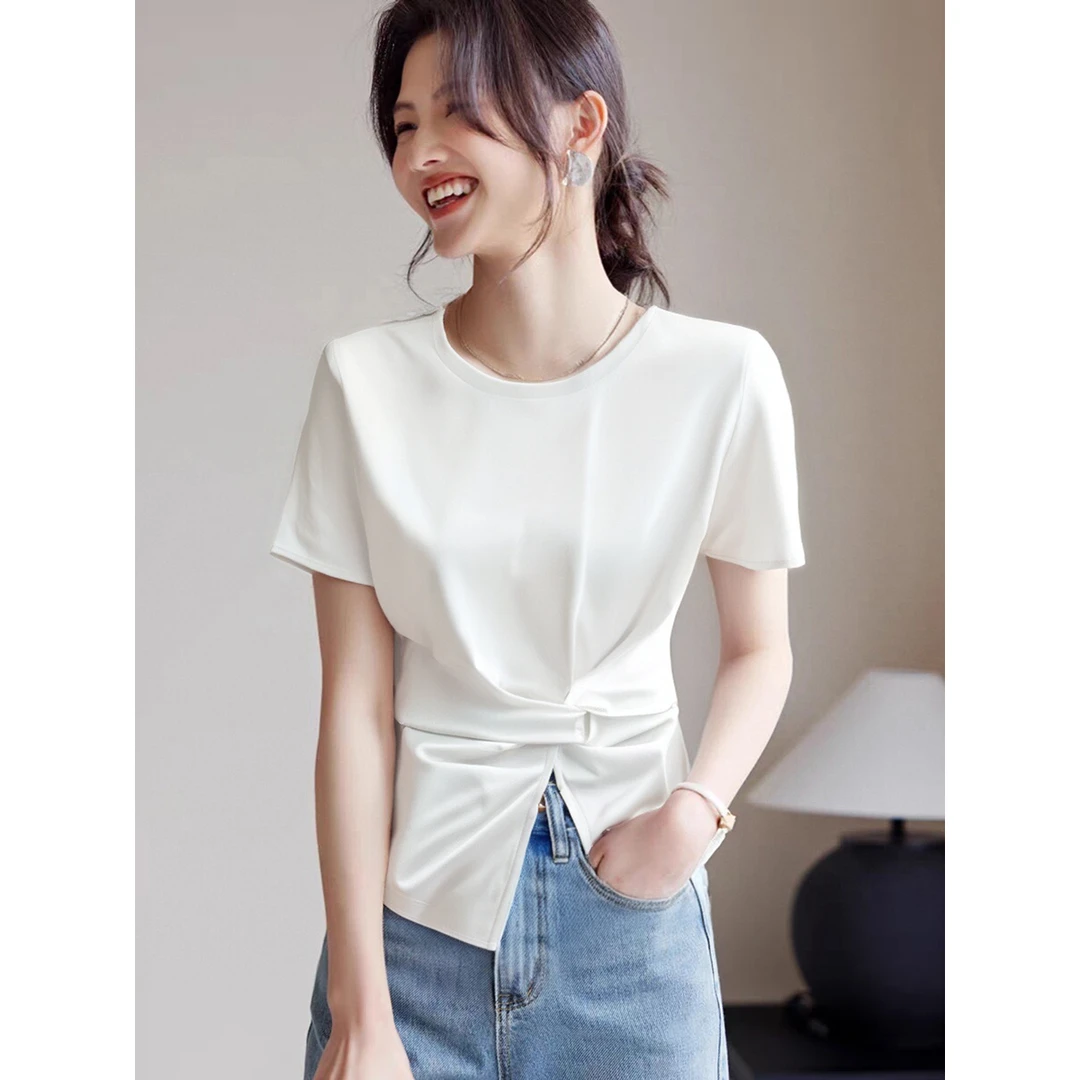 色T恤夏季2025新款女装不对称立体扭结圆领小众别致上衣气质白色