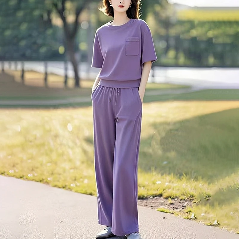 夏季休闲时尚套装女士2025新款宽松洋气短袖t恤高腰阔腿裤俩件套