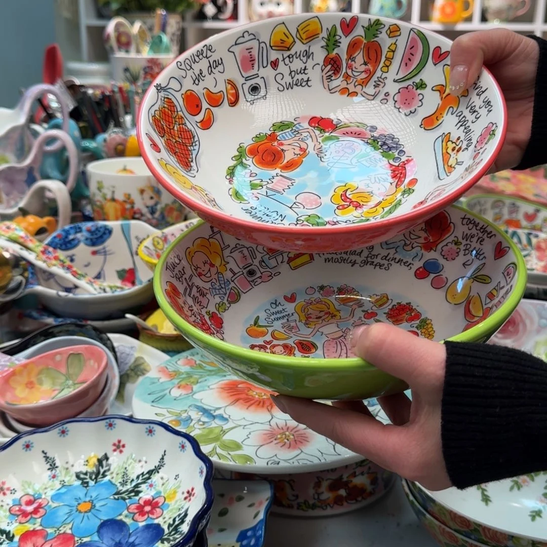 瓷片8英寸荷兰波点沙拉碗2只，红绿