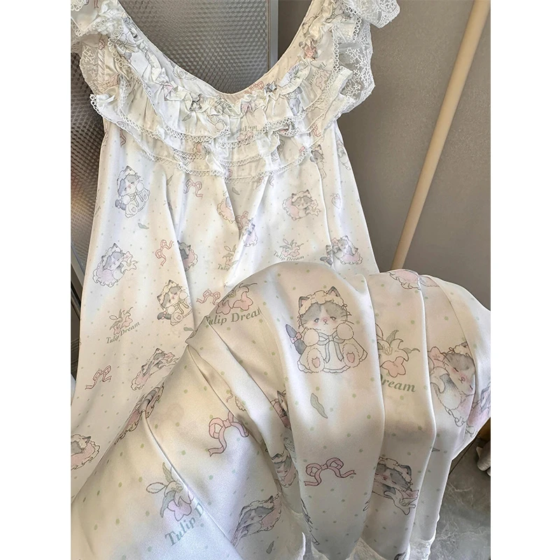 法式波点洛丽塔猫咪冰丝睡裙女夏季蕾丝边可外穿家居服吊带连衣裙