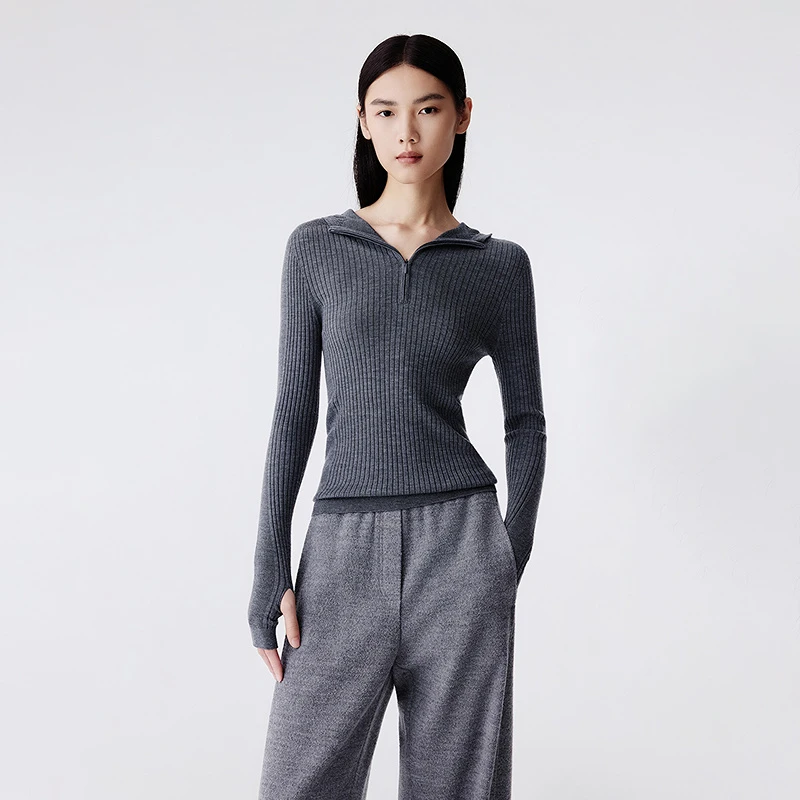 LANCY/朗姿2025冬新款气质连帽针织衫百搭拉链毛衣女