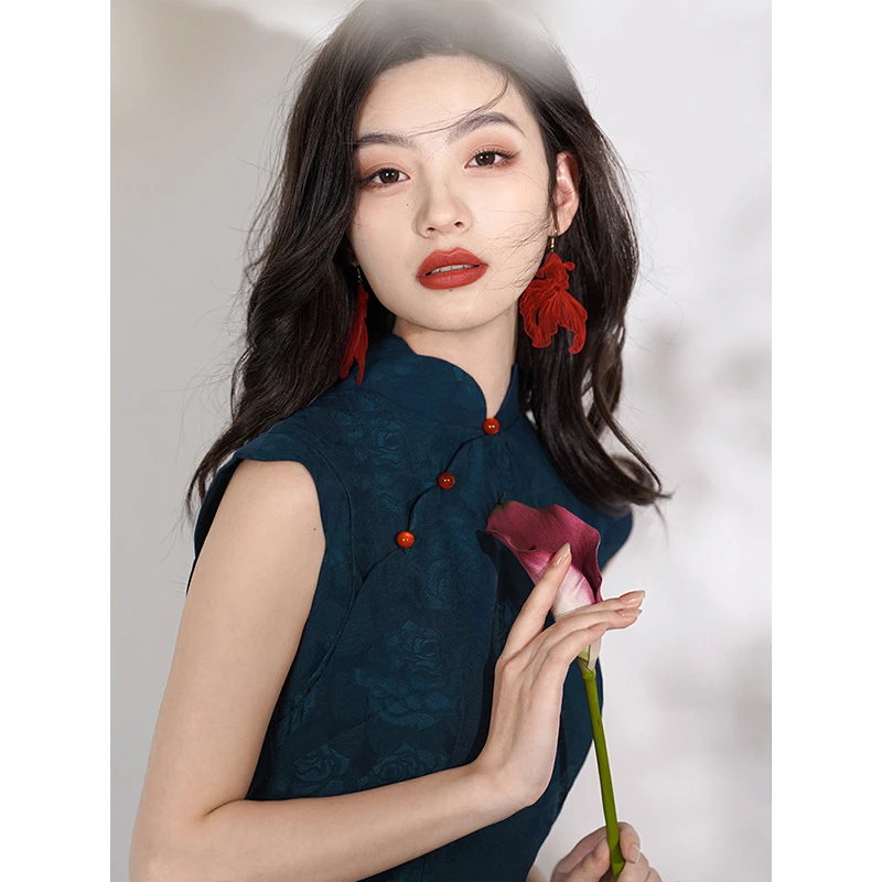 群青120cm气质藏蓝色显白文艺书香国风古法花瓣领旗袍2025新款