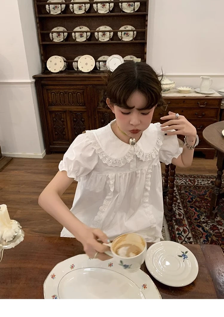 周美美 girl core核心少女蕾丝娃娃领衬衫丝带花苞裤套装