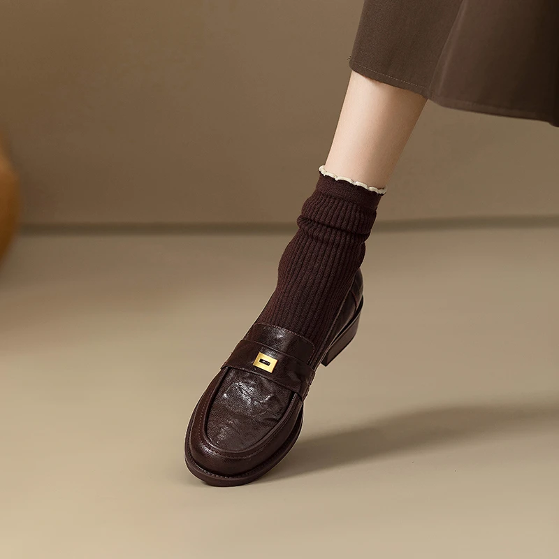 圆头复古风粗跟一脚蹬英伦金属扣软底乐福鞋单鞋女女士上班族皮鞋