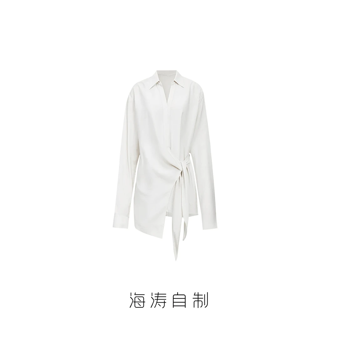【海涛大叔】「东湖月」设计款翻V领不规则下摆腰间抽褶长袖衬衫