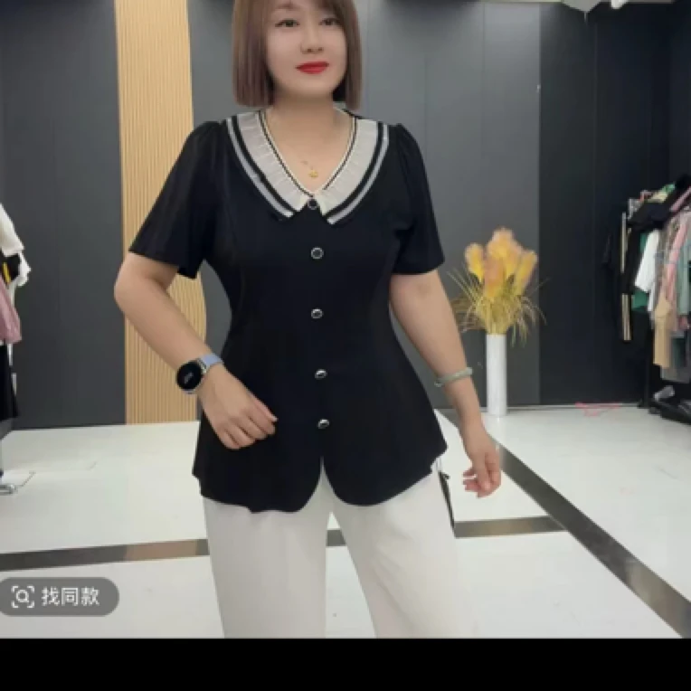 彤2998娃娃领收腰显腰大码半袖衫