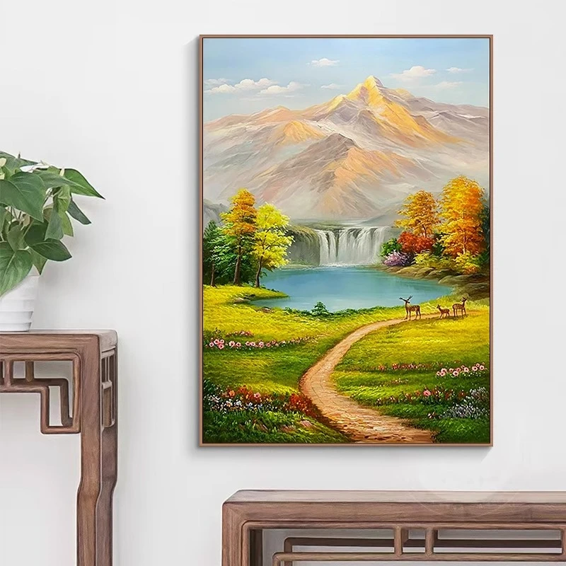 纯手工手绘油画新中式风景客厅装饰画《金山聚宝盆》梅花鹿玄关挂画