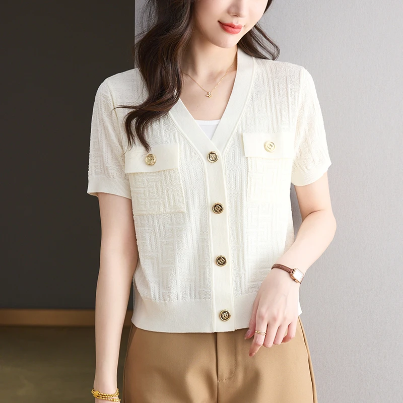 小个子短款高腰上衣气质好看短袖冰丝针织开衫轻奢高级感夏装外套