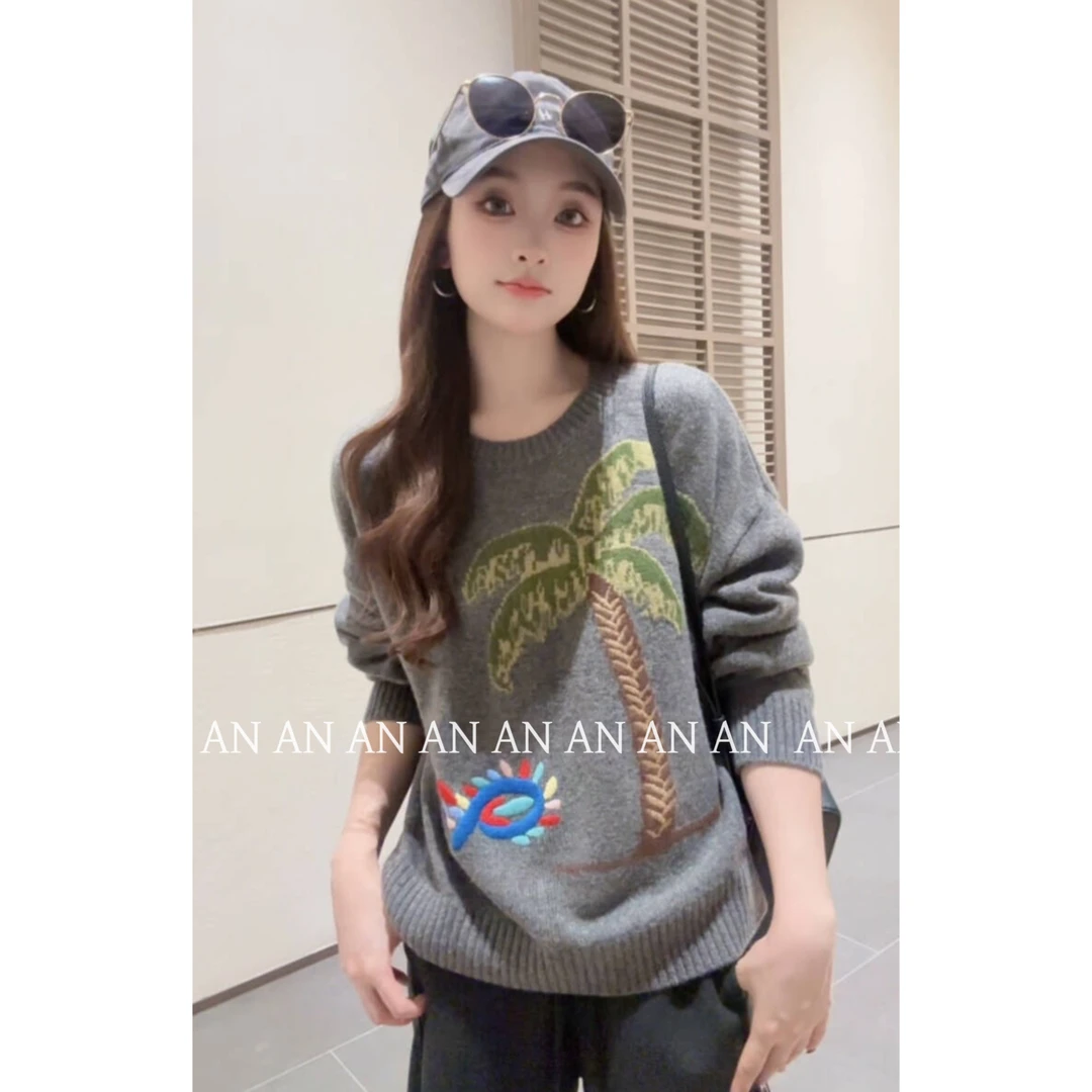 C09441韩系超好看宽松氛围感套头针织衫椰子树软糯毛衣