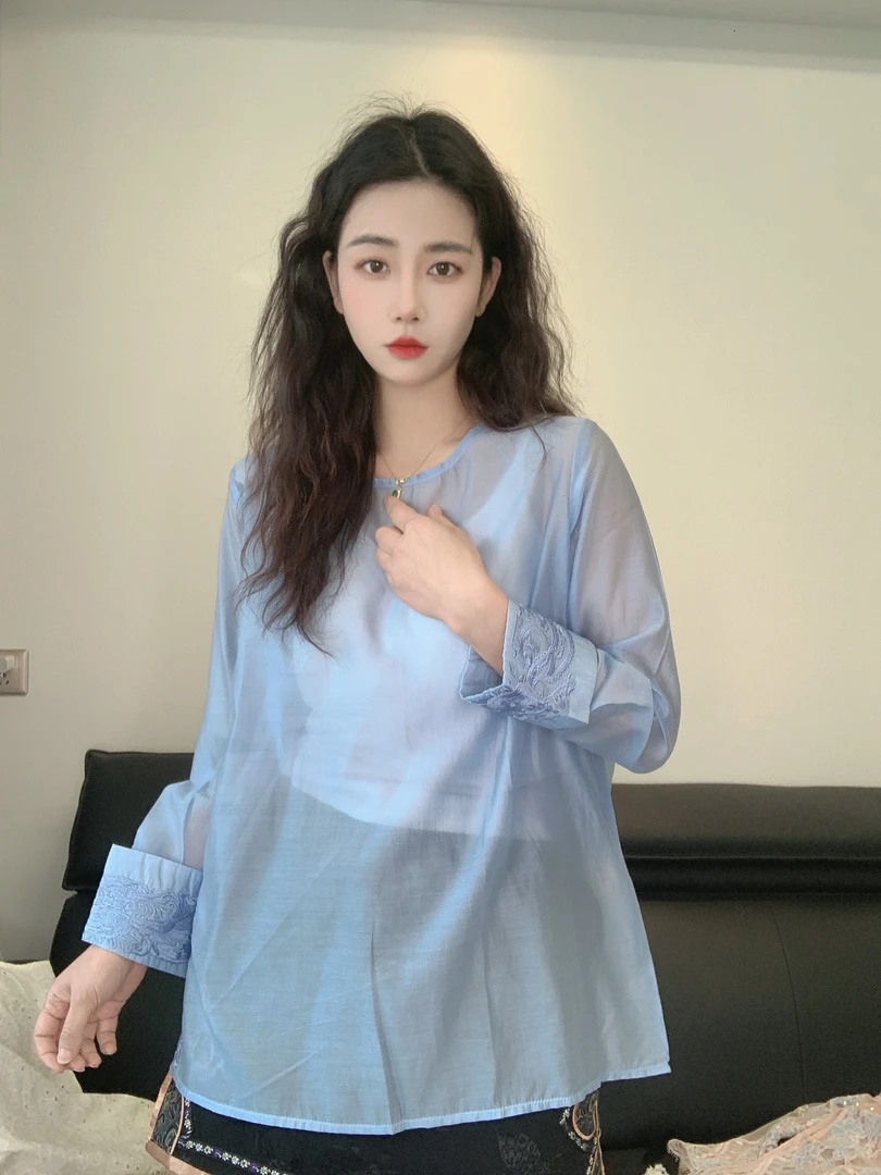 九月  新款春款重工袖口刺绣慵懒气质新中式大版衬衣