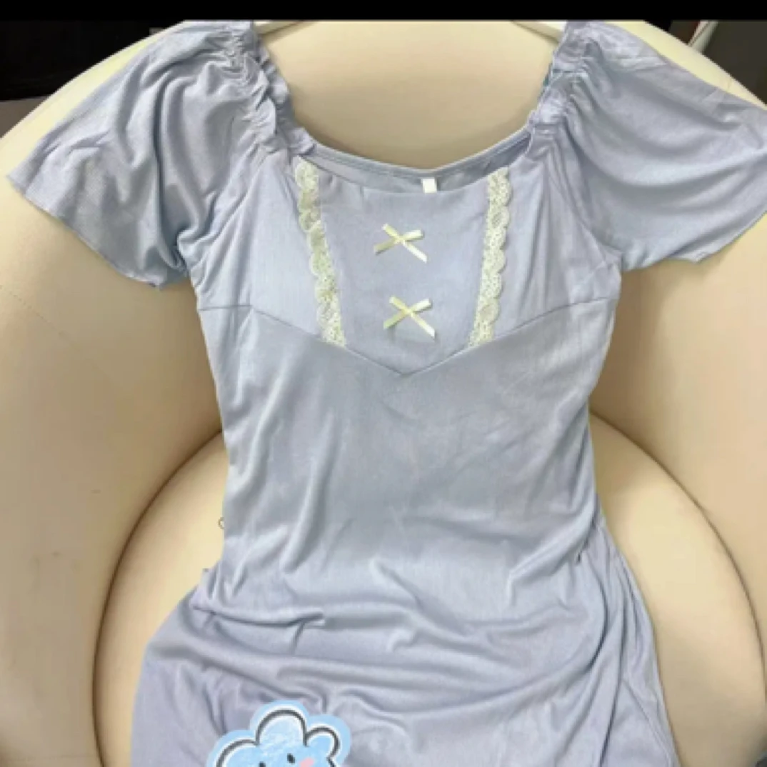 夏季纯欲款蓝拼白蝴蝶结连衣裙