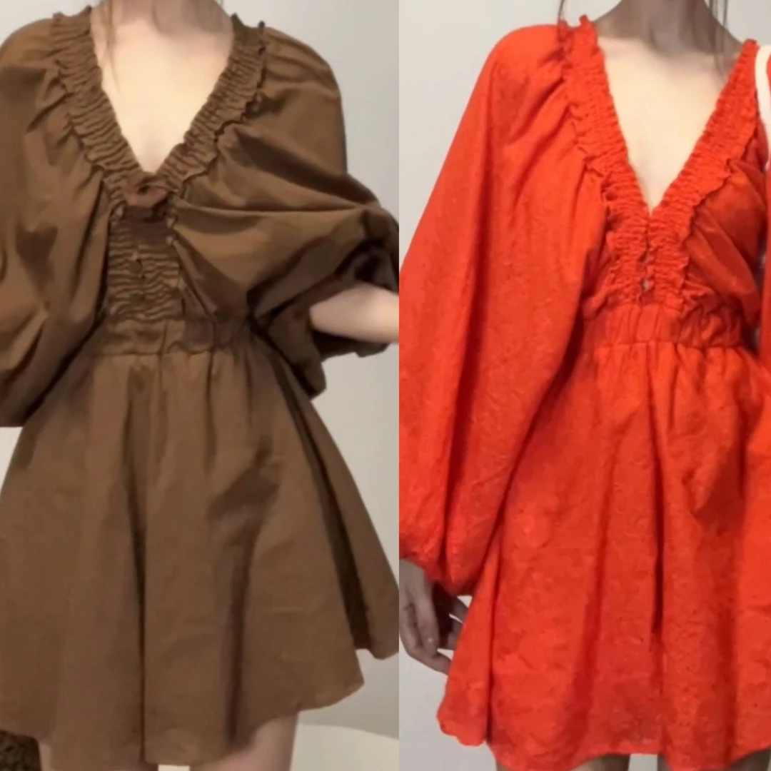 秋季新款泡泡袖秋季长袖加厚V领纯色连体裤裙