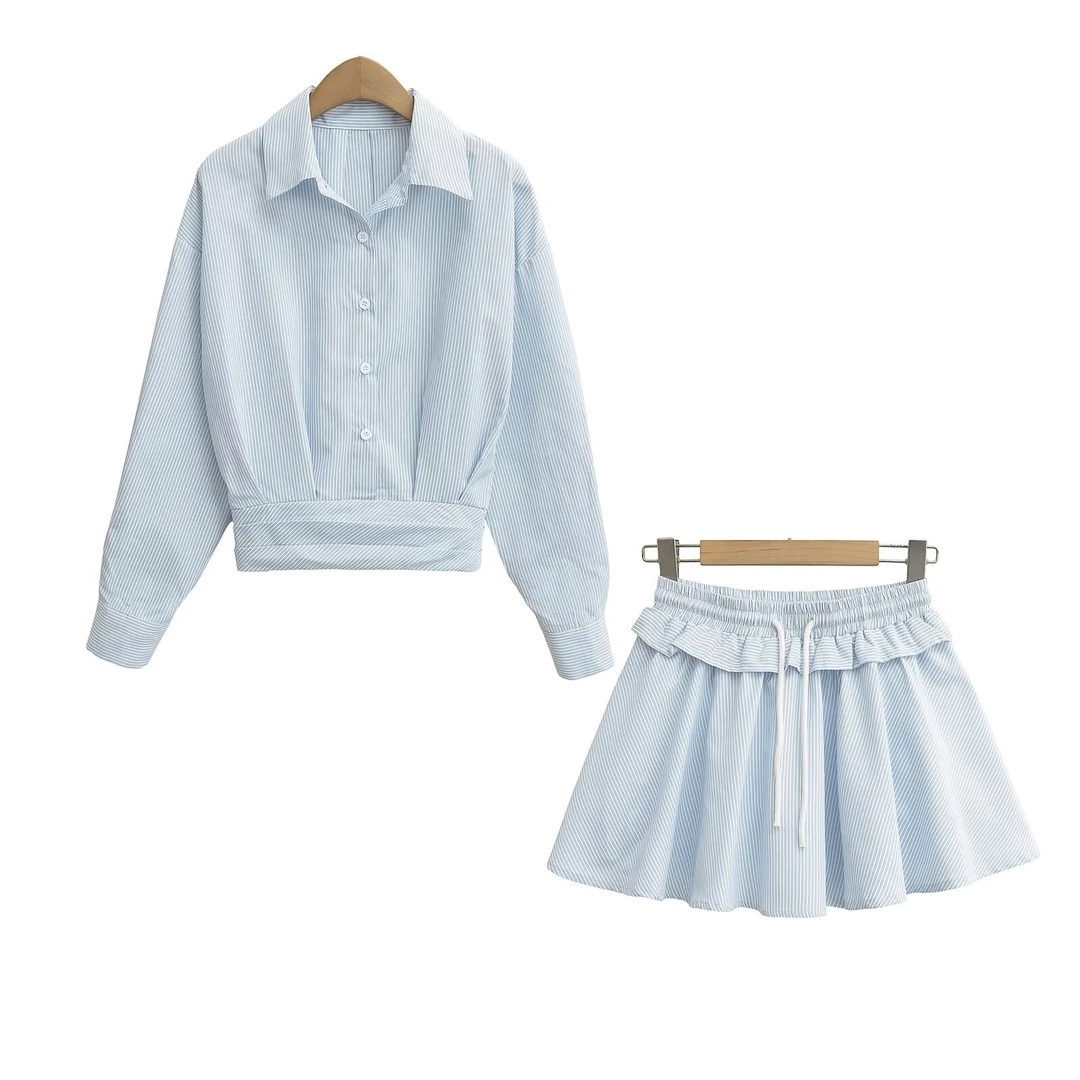 韩系条纹翻领洋气牛仔衬衫高腰显瘦半身裙休闲两件套装上衣