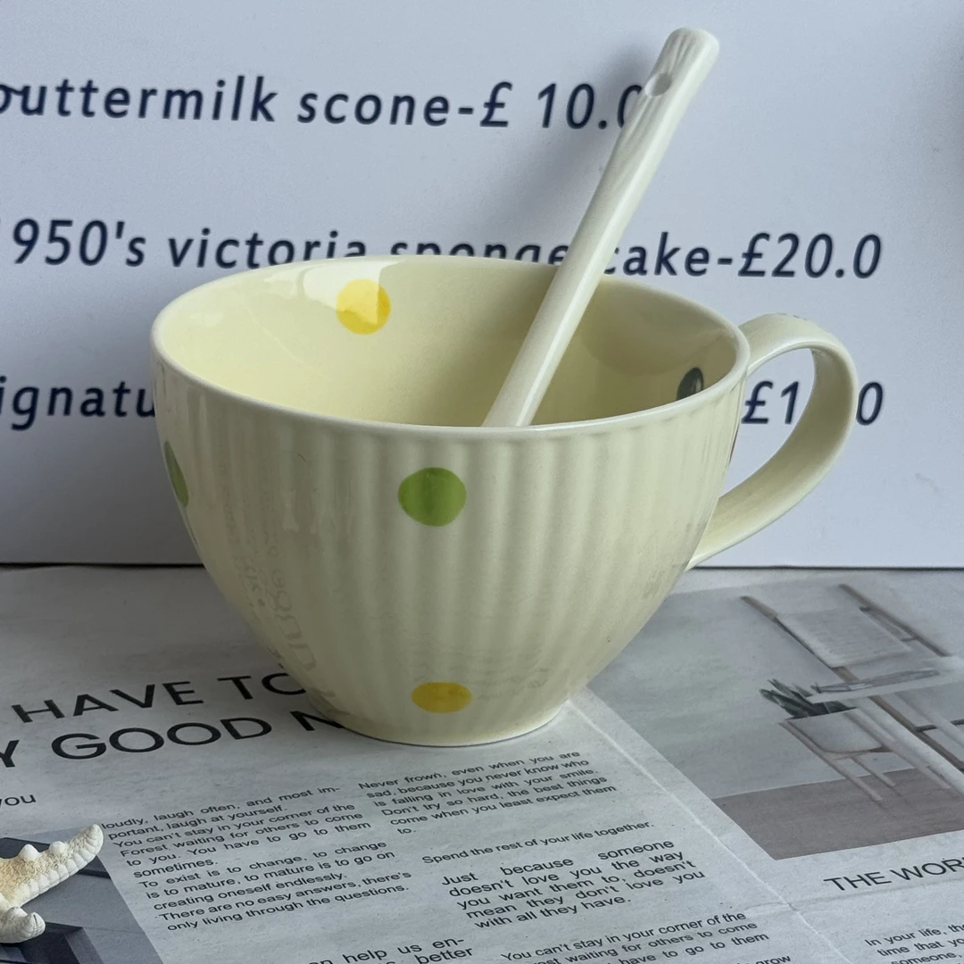 奶油黄早餐杯燕麦杯牛奶杯咖啡杯大容量情侣闺蜜陶瓷马克杯带勺