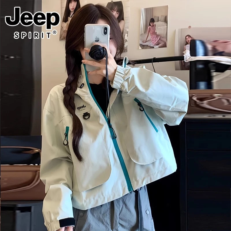JEEP SPIRIT短款冲锋衣女款2025春秋季新款超好看上衣小个子外套