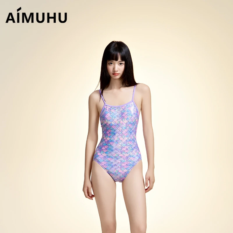 艾慕狐新款炫彩紫色鱼鳞连体泳衣女三角连体竞技运动训练游泳衣
