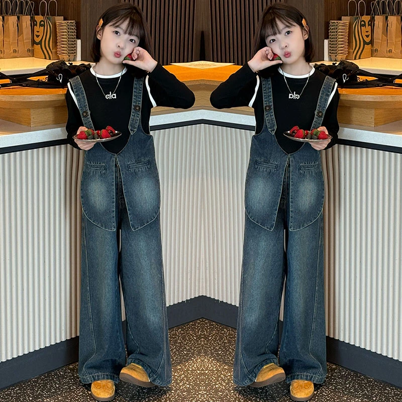 女童秋季套装2025新款洋气儿童时髦女孩网红春秋牛仔背带裤两件套