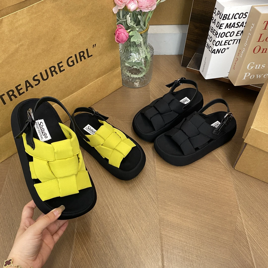 2025年夏季时尚韩版透气舒适女休闲外穿厚底帆布编织轻便沙滩凉鞋