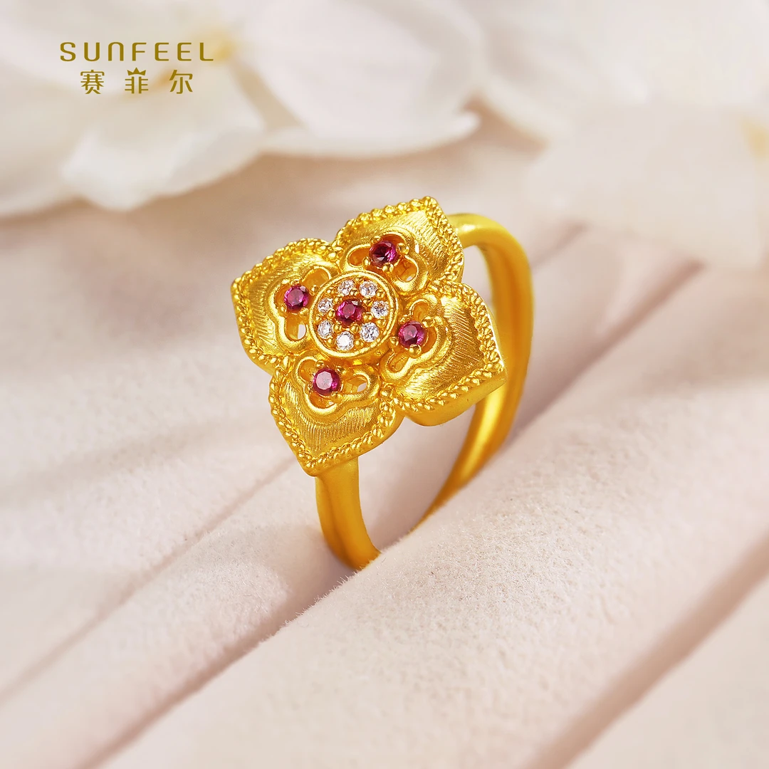 SUNFEEL/赛菲尔【十七店】足金5D镂空四叶草镶石戒指5DJ00295