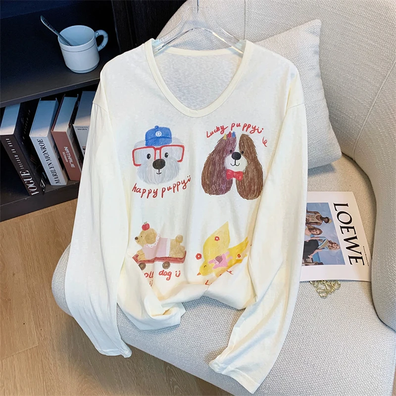 字母动物印花T恤女时尚休闲ins百搭学院风V领卡通可爱微透罩衫