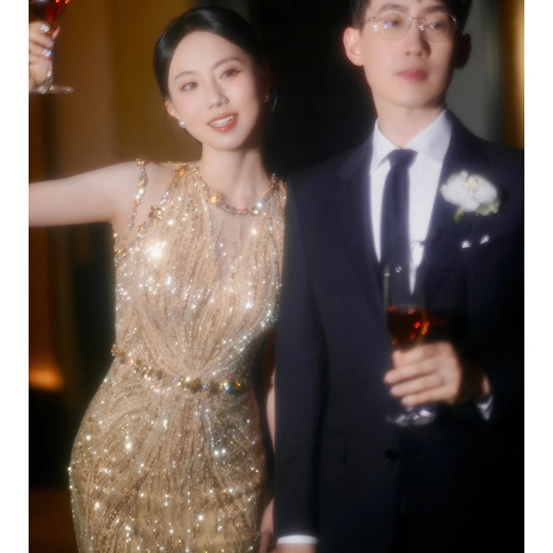 金色重工敬酒服2025新款新娘宴会复古气质名媛小众订婚鱼尾晚礼服