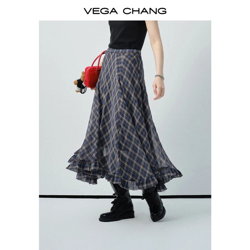 VEGA CHANG半身裙女2025新款小个子夏季不规则设计感百搭格纹长裙