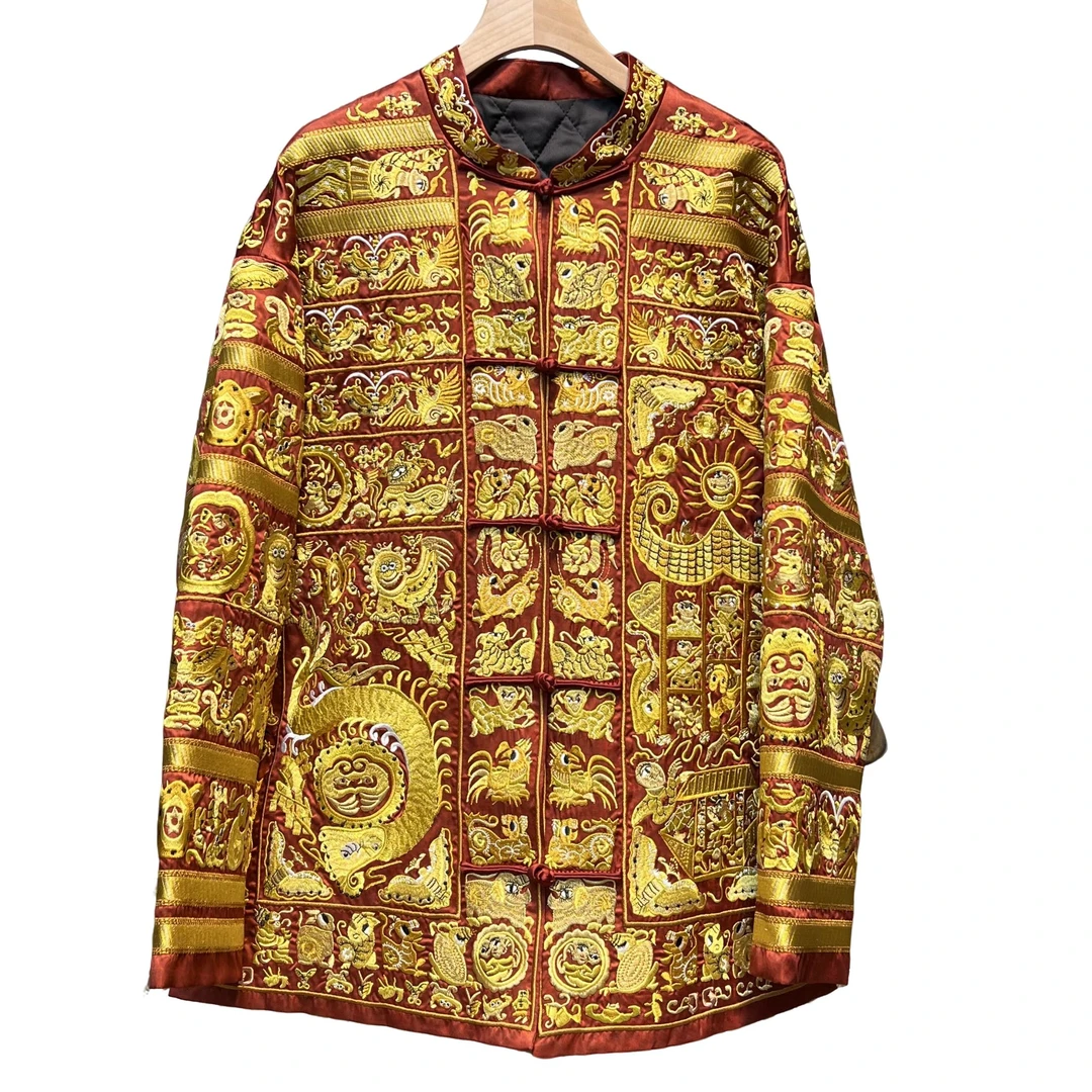 红龟苗绣 - 桑蚕丝红龟香云纱重工刺绣！新中式民族风夹棉唐装外套