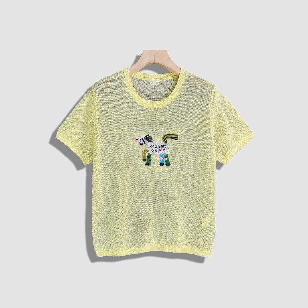 【现货】卡通彩色马宽松减龄条纹针织T恤-Y16535