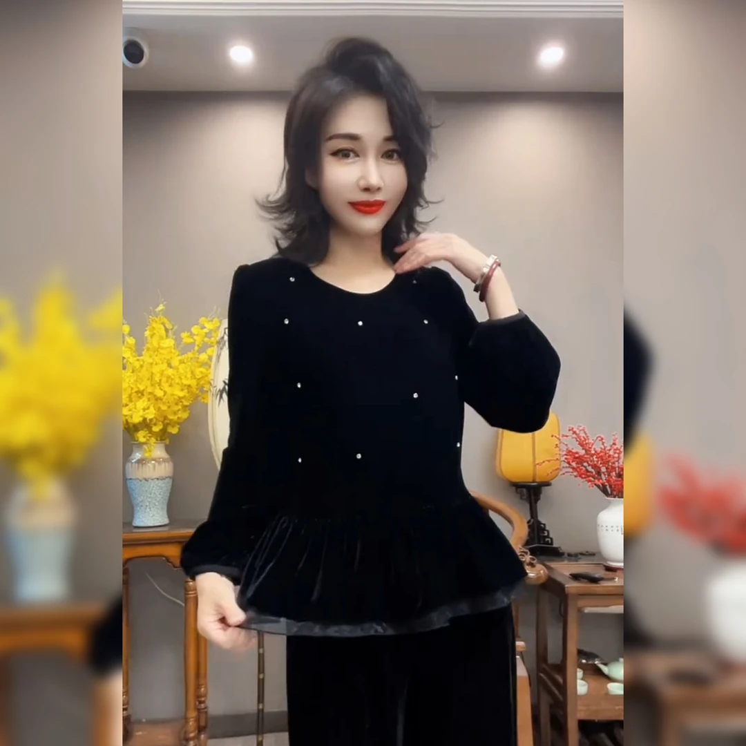 欧货钉珍珠真丝绒衬衫女2025秋时尚气质高端小衫丝绒上衣打底衫