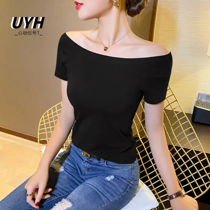 UYH黑色短袖t恤女2025夏季新款低领设计感打底衫棉质别致一字领上