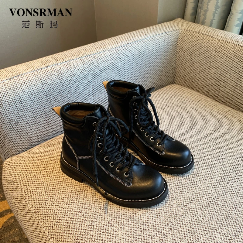范斯玛马丁靴女2025新款头层牛皮复古系带厚底短筒工装靴子短靴