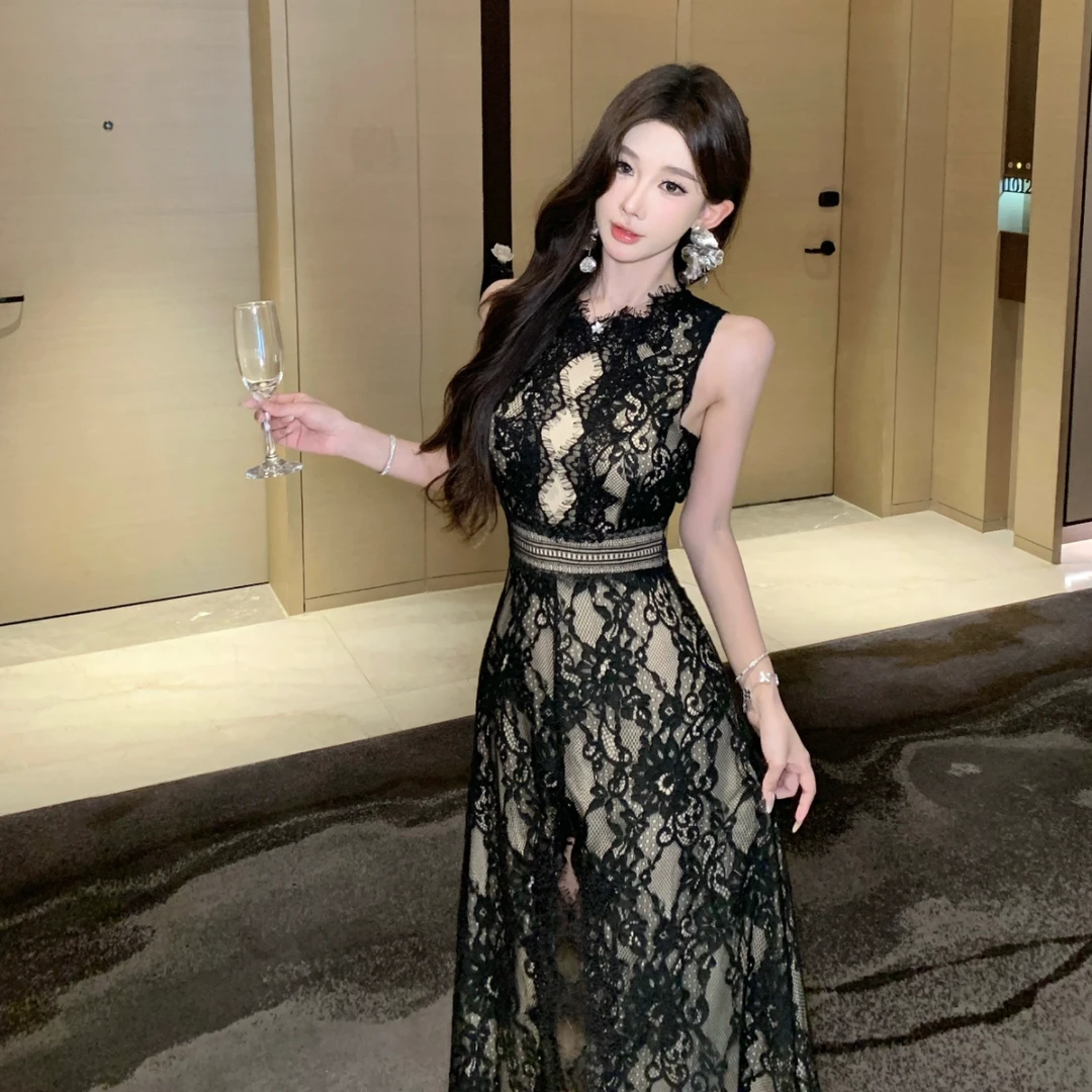 ！镂空蕾丝花边拼接性感露背修身无袖高腰开衩礼裙长款连衣裙