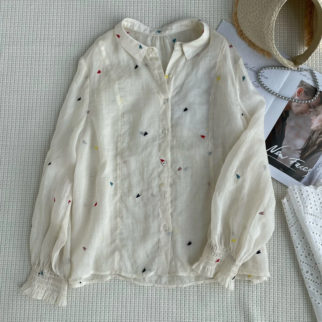 ［巧巧定制］法式新韩版百搭修身时尚重工刺绣爱心翻领长袖衬衫6340