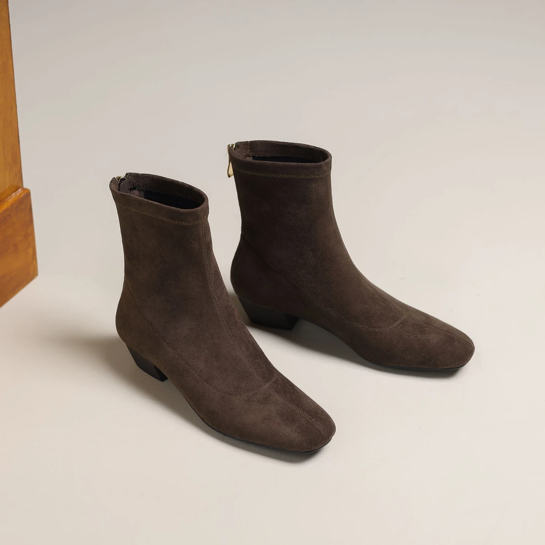 3CM 2025年秋冬小方头时尚百搭短筒防滑低跟弹力靴套筒后拉链裸靴