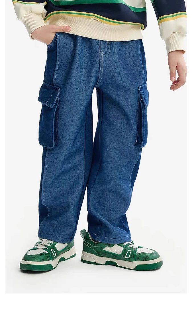 小马家直筒男童加绒加厚针织牛仔裤冬款儿童保暖工装裤哈伦裤