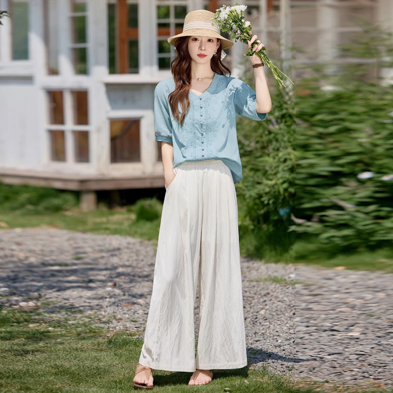 巨好看的夏装一整套ootd穿搭2025夏季爆款刺绣小衫配阔腿裤两件套