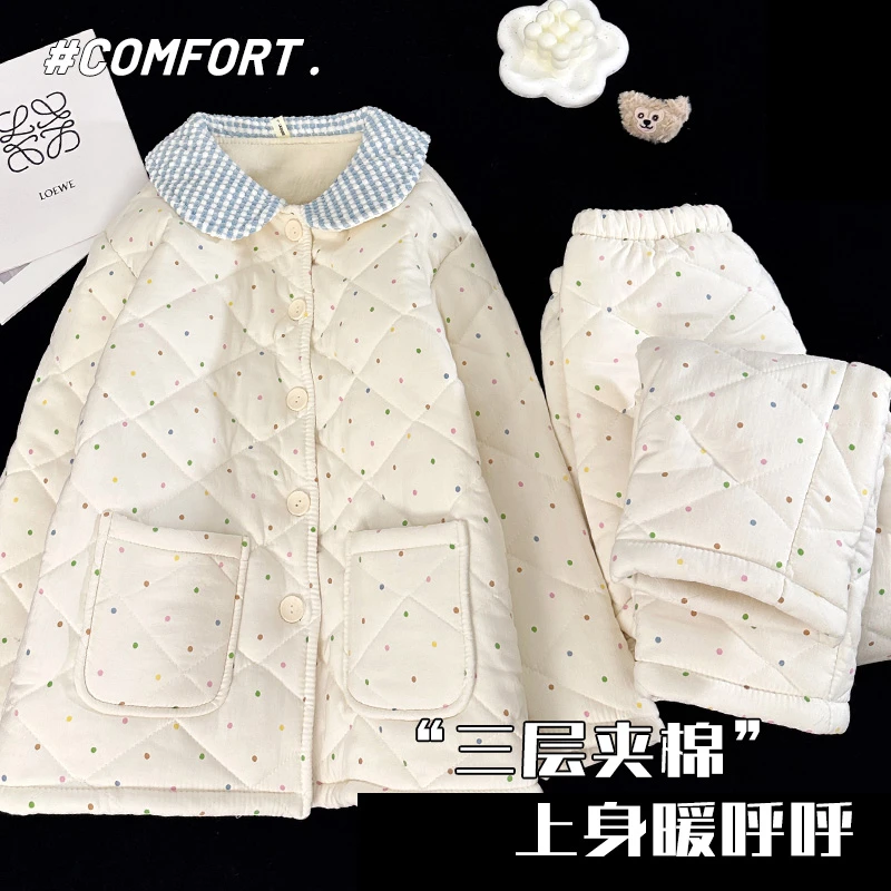 2025秋冬新款三层夹棉珊瑚绒家居服套装甜美圆点法兰绒开衫睡衣女
