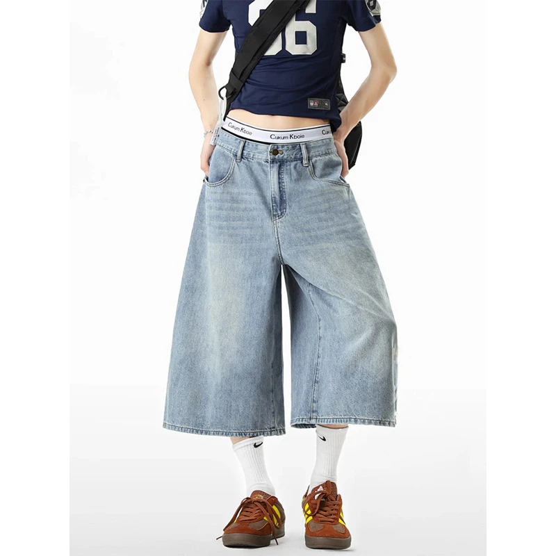 美式复古水洗浅蓝色七分牛仔裤男女夏季潮牌宽松阔腿百搭休闲短裤