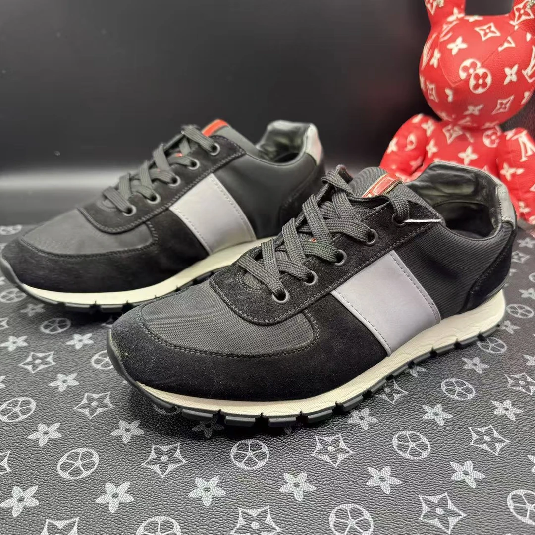 95新 Prada/普拉达 黑灰帆布麂皮休闲时尚舒适运动鞋39码ddm3449