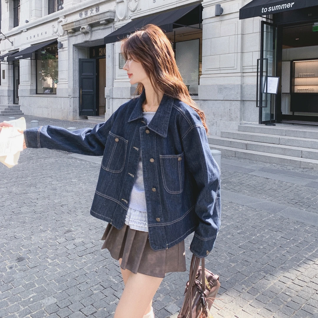 休闲慵懒风洋气百搭上衣女秋季新款高级感显瘦复古撞色牛仔外套