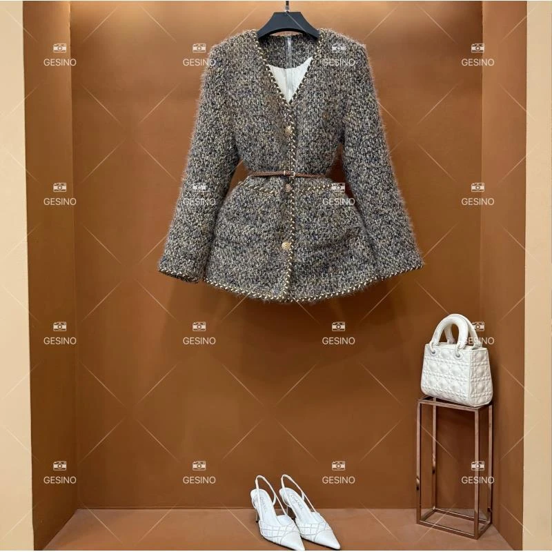 【关关】秋冬气质小香风时尚设计师中长款外套 QD-2025090